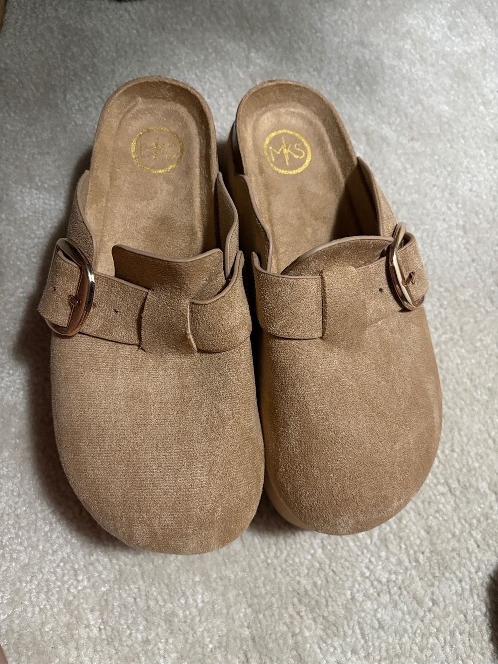 MK Suede Buckle Mule Clogs in Camel